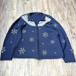 Vintage Ugly Christmas Sweater Women's Large Winter Holiday Blue White Cardigan
